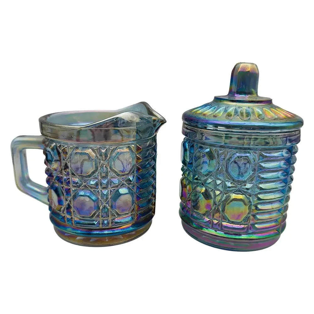 Vintage Indiana Glass Carnival Iridescent Blue 3-Piece Creamer & Sugar Bowl